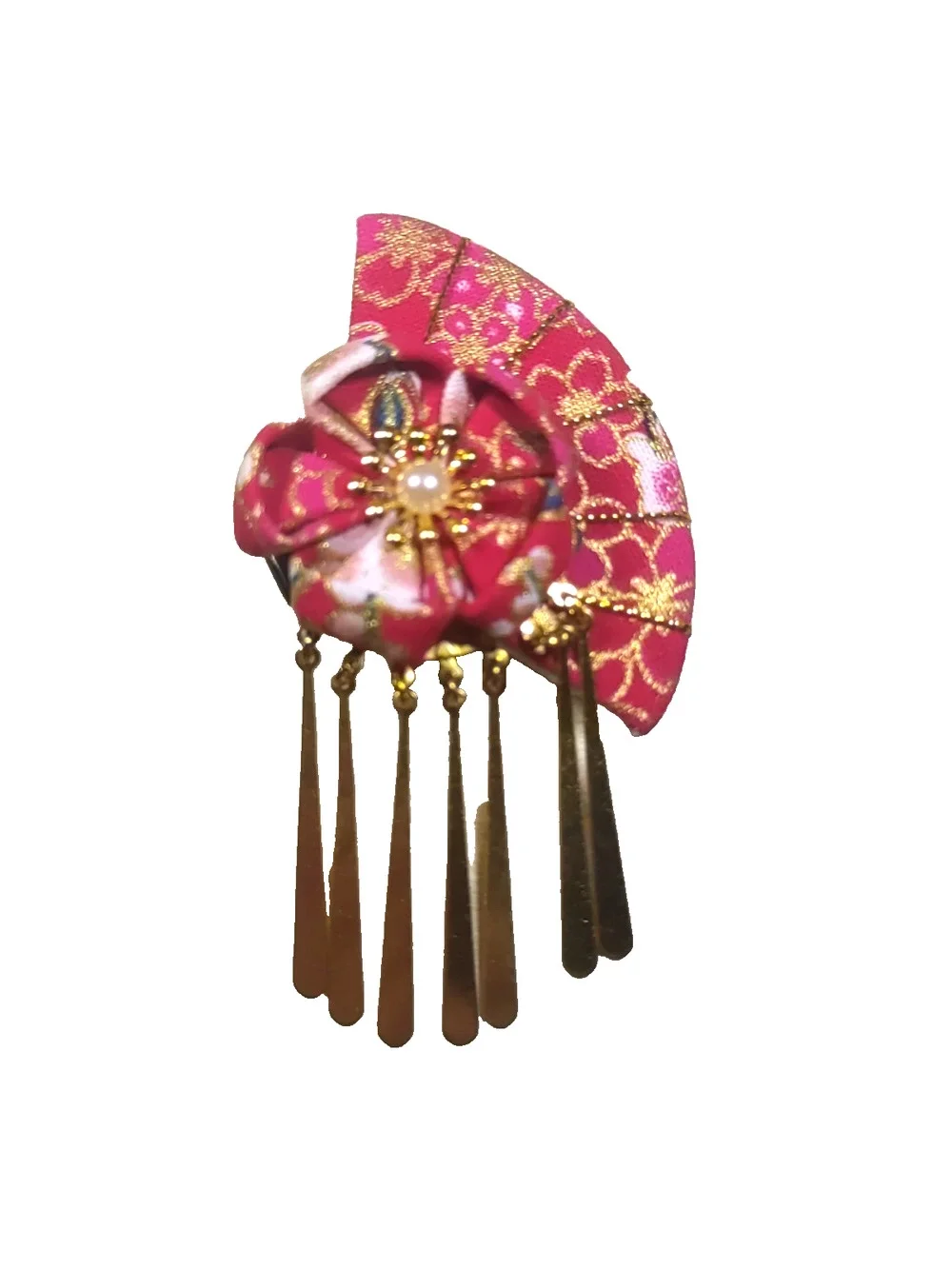 Asian Style Hair Barrette Clip Red Gold Tone Dangles Flower. Faux Pearl